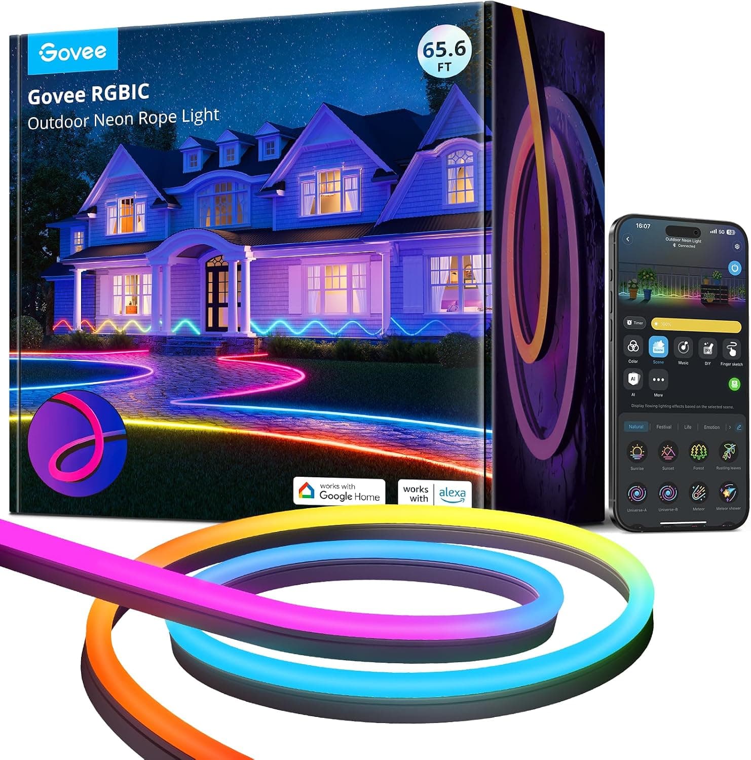 Govee Outdoor Neon Rope Lights, 65.6ft RGBIC IP67